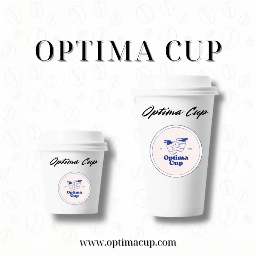 A small and a large Optima Cup paper cup side by side — the size difference that decides export and logistics case counts