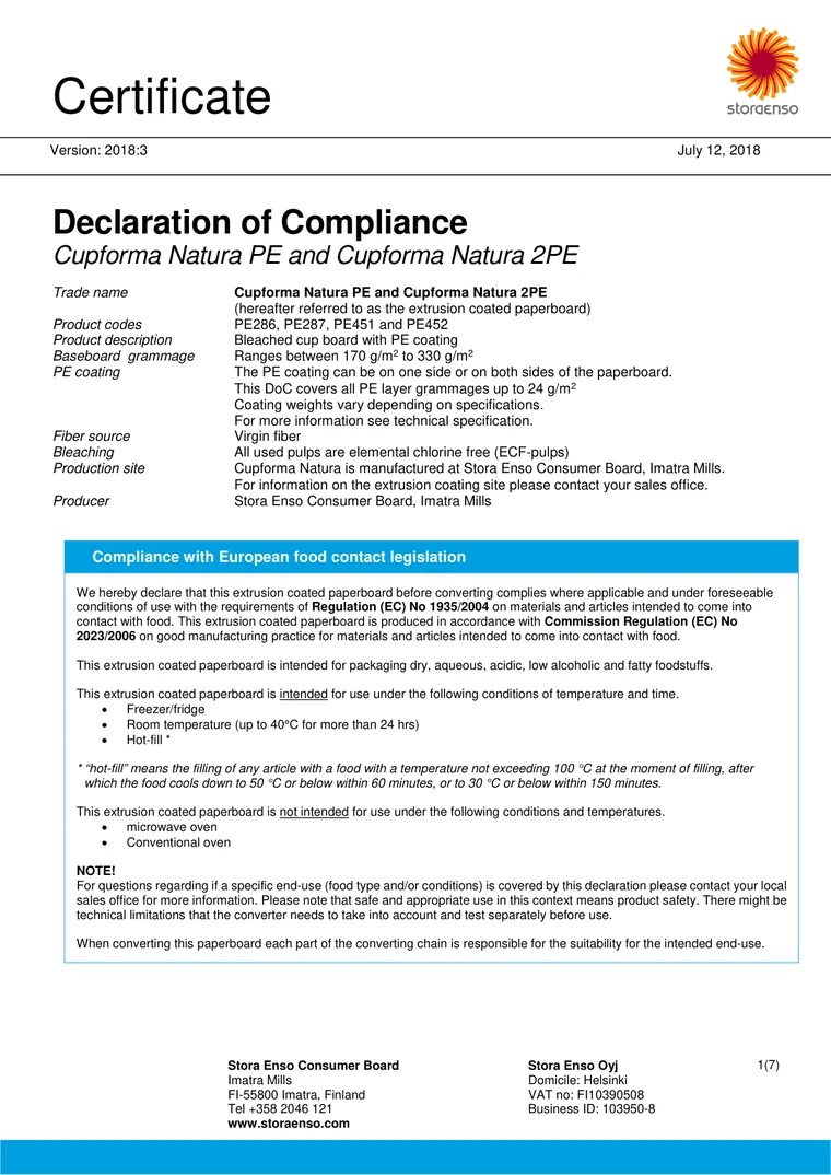Declaration of Compliance — Cupforma Natura PE / 2PE cup board (raw material)