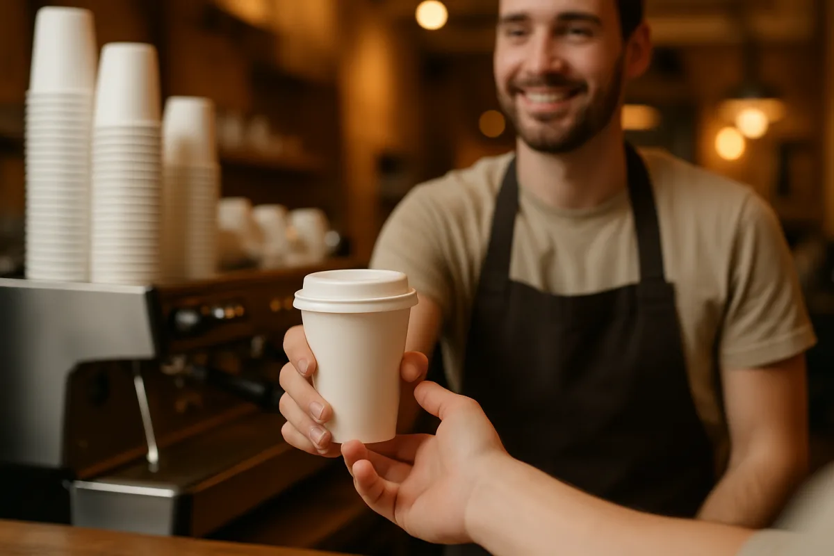 Barista handing a plain white takeaway paper cup with lid over a specialty coffee bar