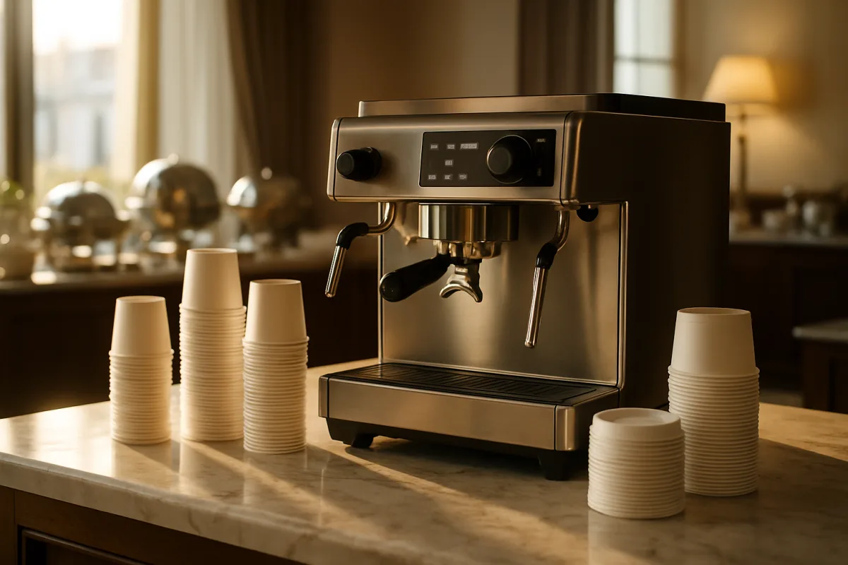 Hotel breakfast coffee station with stacks of plain white paper cups and lids on a marble counter