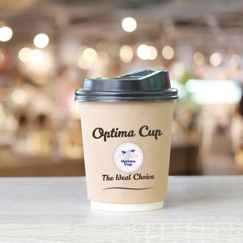 Kraft paper cup supplier branding on a café counter: an Optima Cup printed cup with a black lid in front of a service area