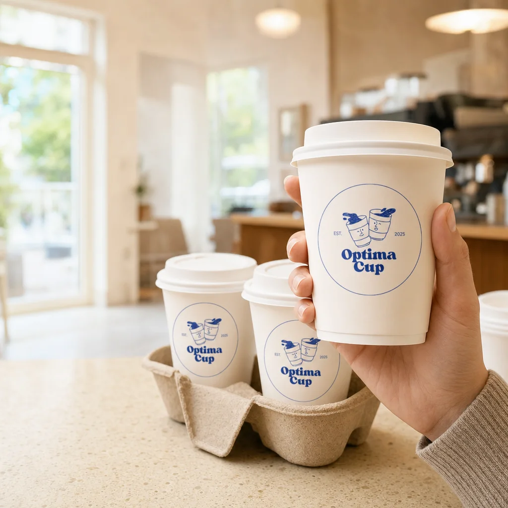 A lidded paper cup and a carry tray in a coffee shop