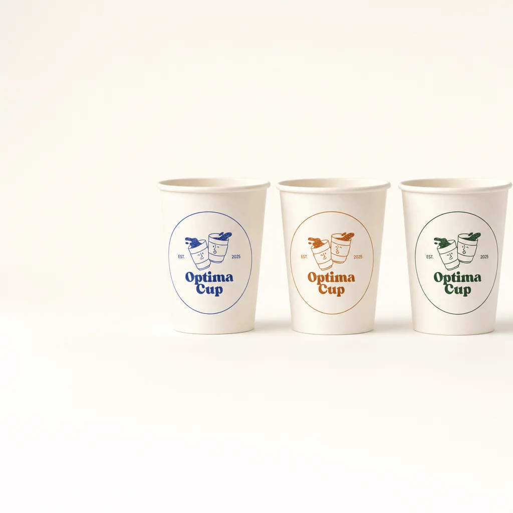 The same logo printed in three colours on paper cups — flexo printing up to six colours