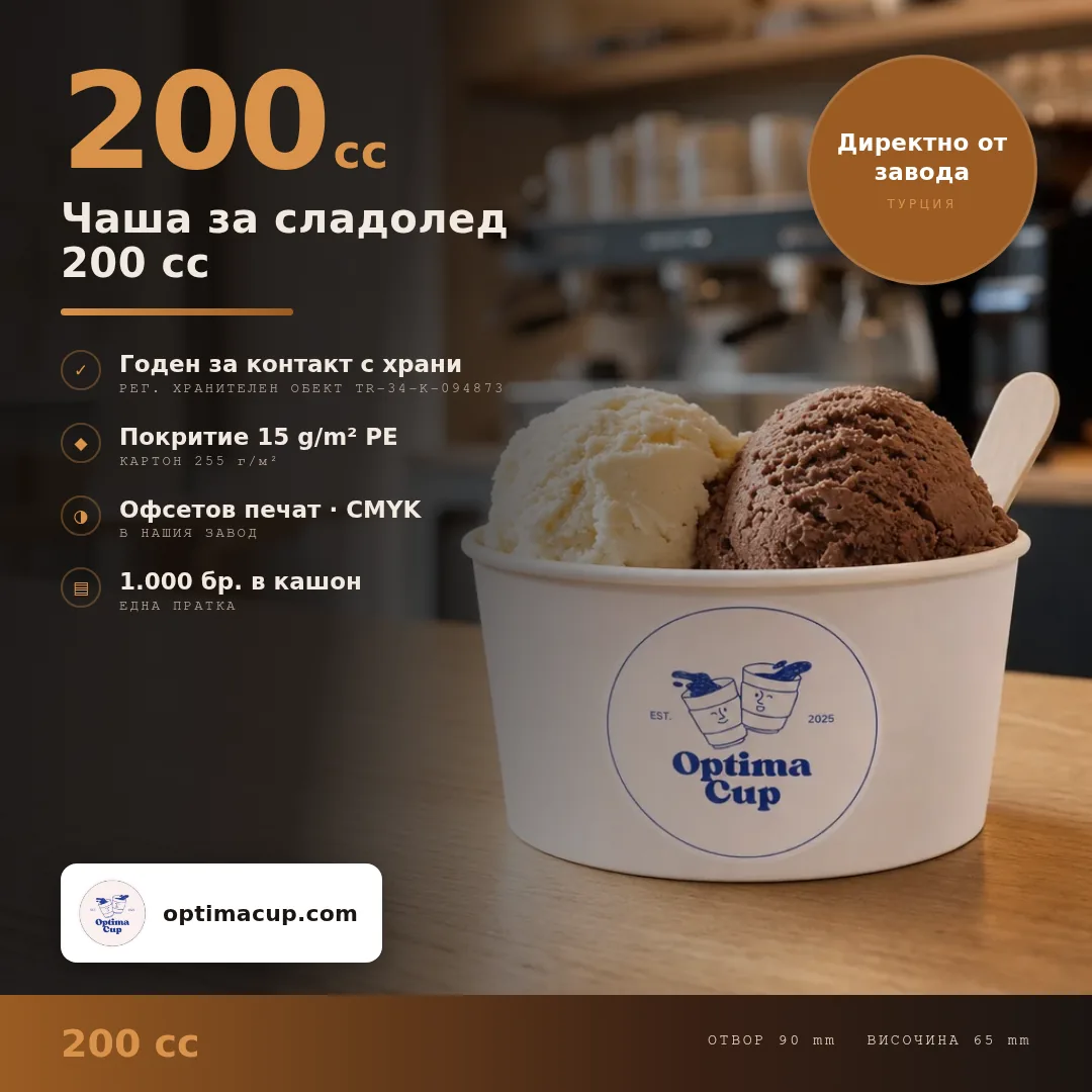 Чаша за сладолед 200 cc, размери и кашон — хартиени опаковки от производител, 1 000 бр в кашон