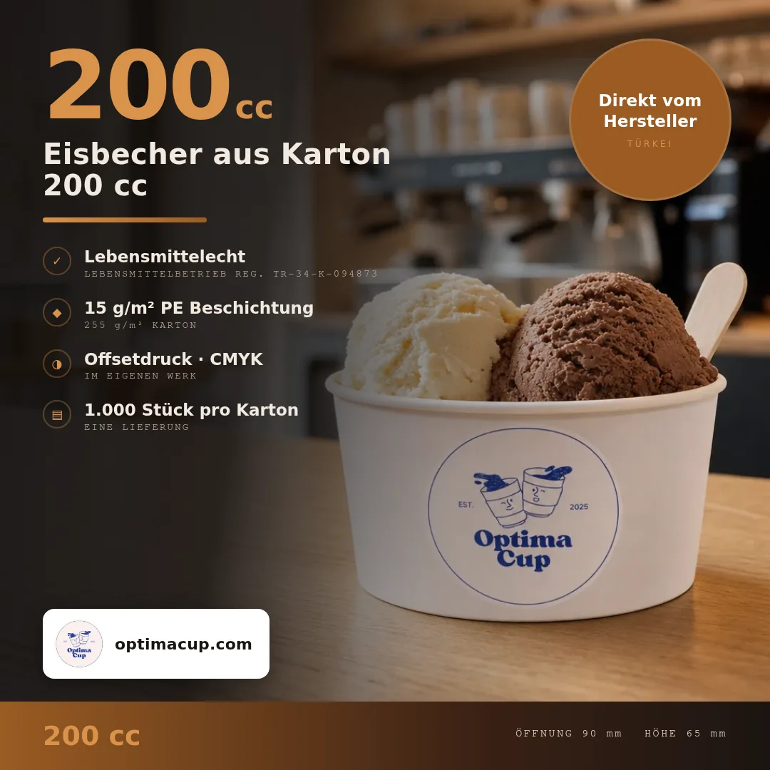 Eisbecher aus Karton 200 cc, Maße und Kartoninhalt — Lebensmittelverpackung direkt vom Hersteller, 1.000 Stück pro Karton