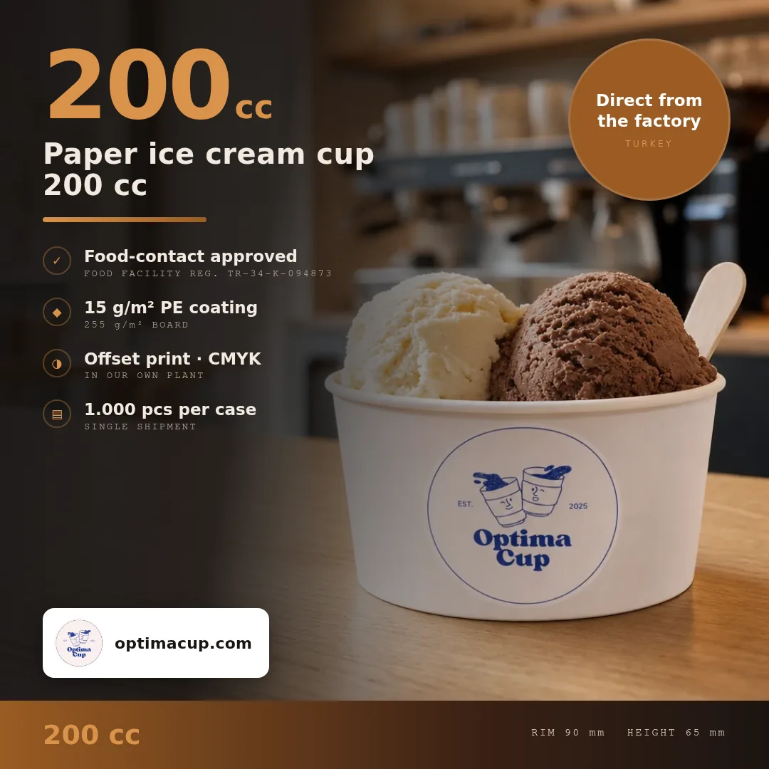 Paper ice cream cup 200 cc, size and case data — wholesale paper food packaging direct from the manufacturer in Turkey, 1,000 pcs per case