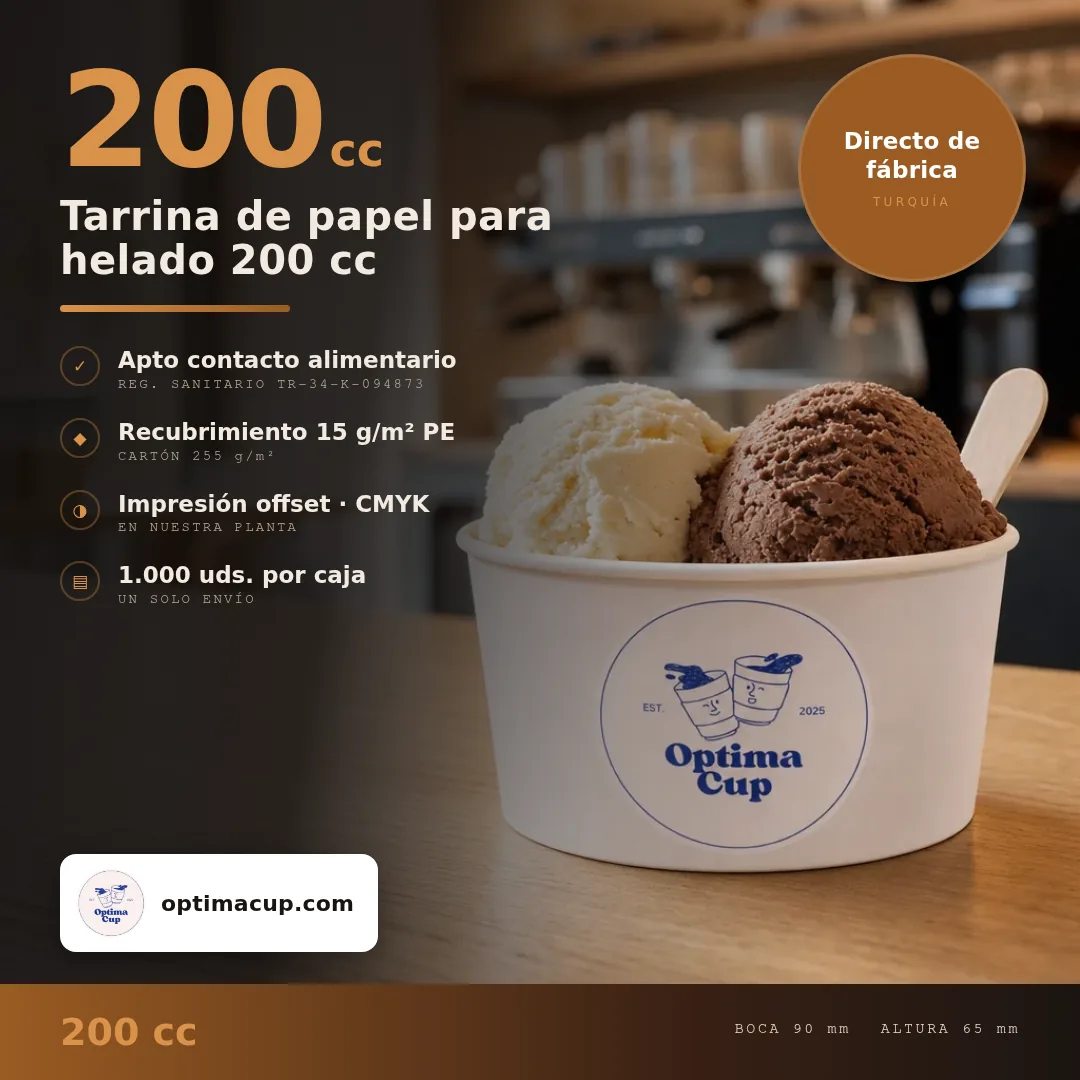 Tarrina de papel para helado 200 cc, medidas y unidades por caja — envases de cartón al por mayor de fábrica, 1.000 uds por caja