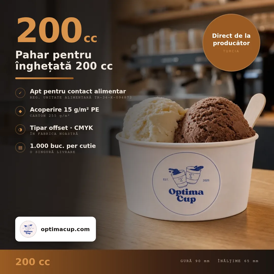 Pahar pentru înghețată 200 cc, dimensiuni și bax — ambalaje carton direct de la producător, 1.000 buc/bax