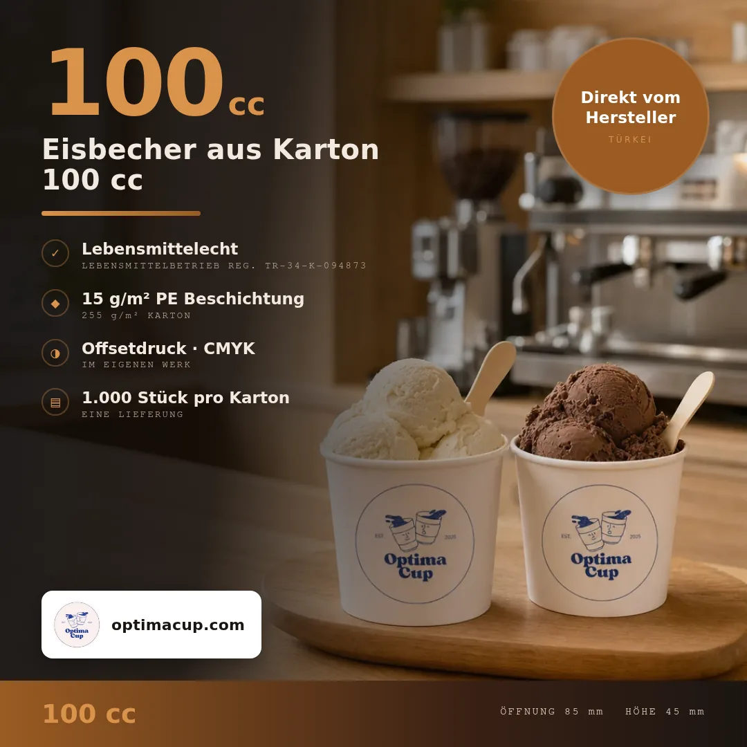 Eisbecher aus Karton 100 cc, Maße und Kartoninhalt — Lebensmittelverpackung direkt vom Hersteller