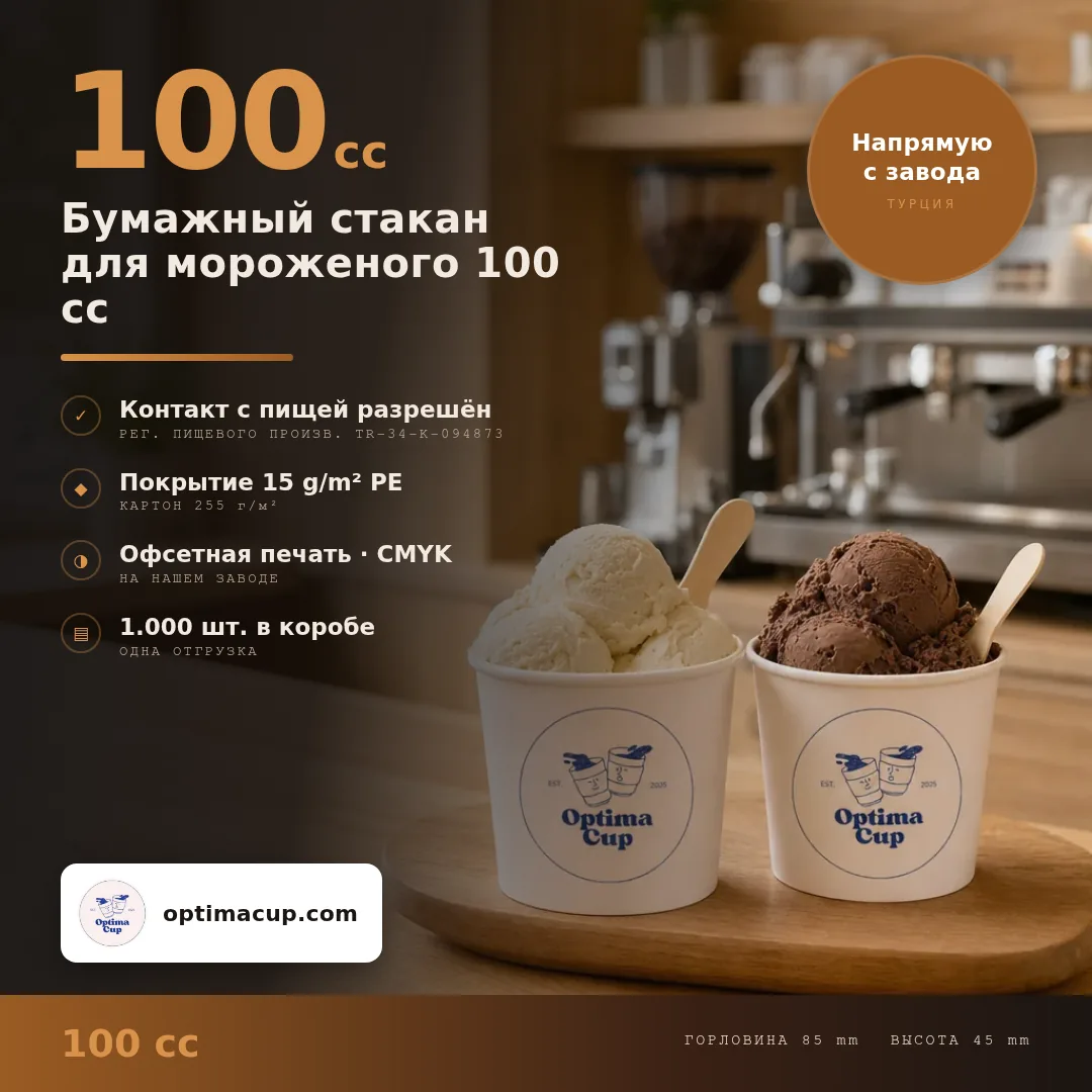 Бумажный стакан для мороженого 100 cc, размеры и количество в коробке — бумажная упаковка оптом от производителя