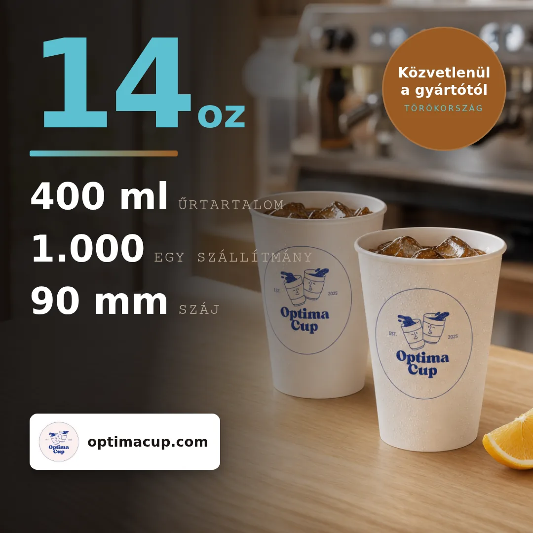 Hidegitalos papírpohár 400 ml (14 oz), méretek és kartontartalom — papírpohár közvetlenül a gyártótól, 1 000 db kartononként