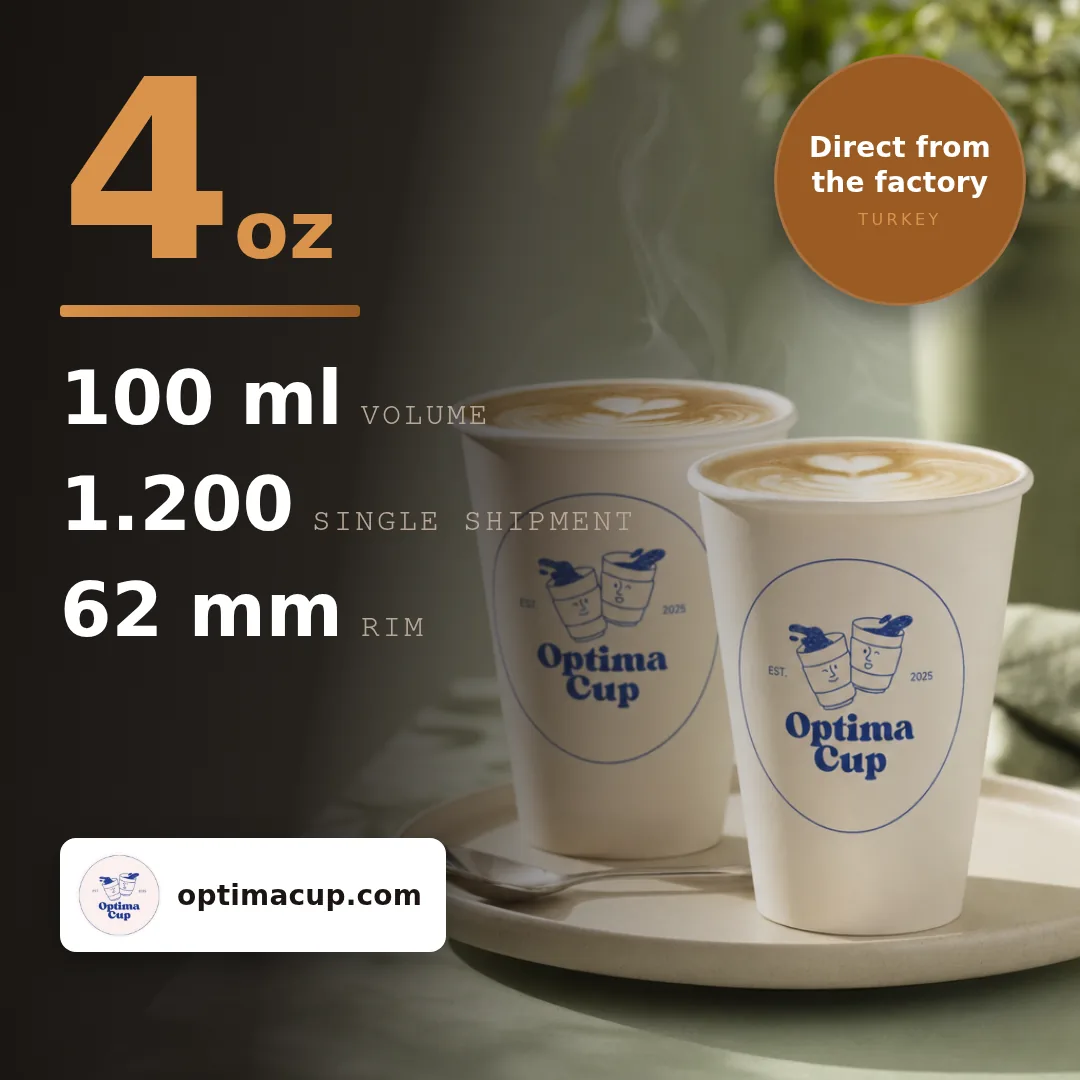 Double-wall paper cup 100 ml (4 oz), size and case data — wholesale from the paper cup manufacturer in Turkey, 1,200 pcs per case