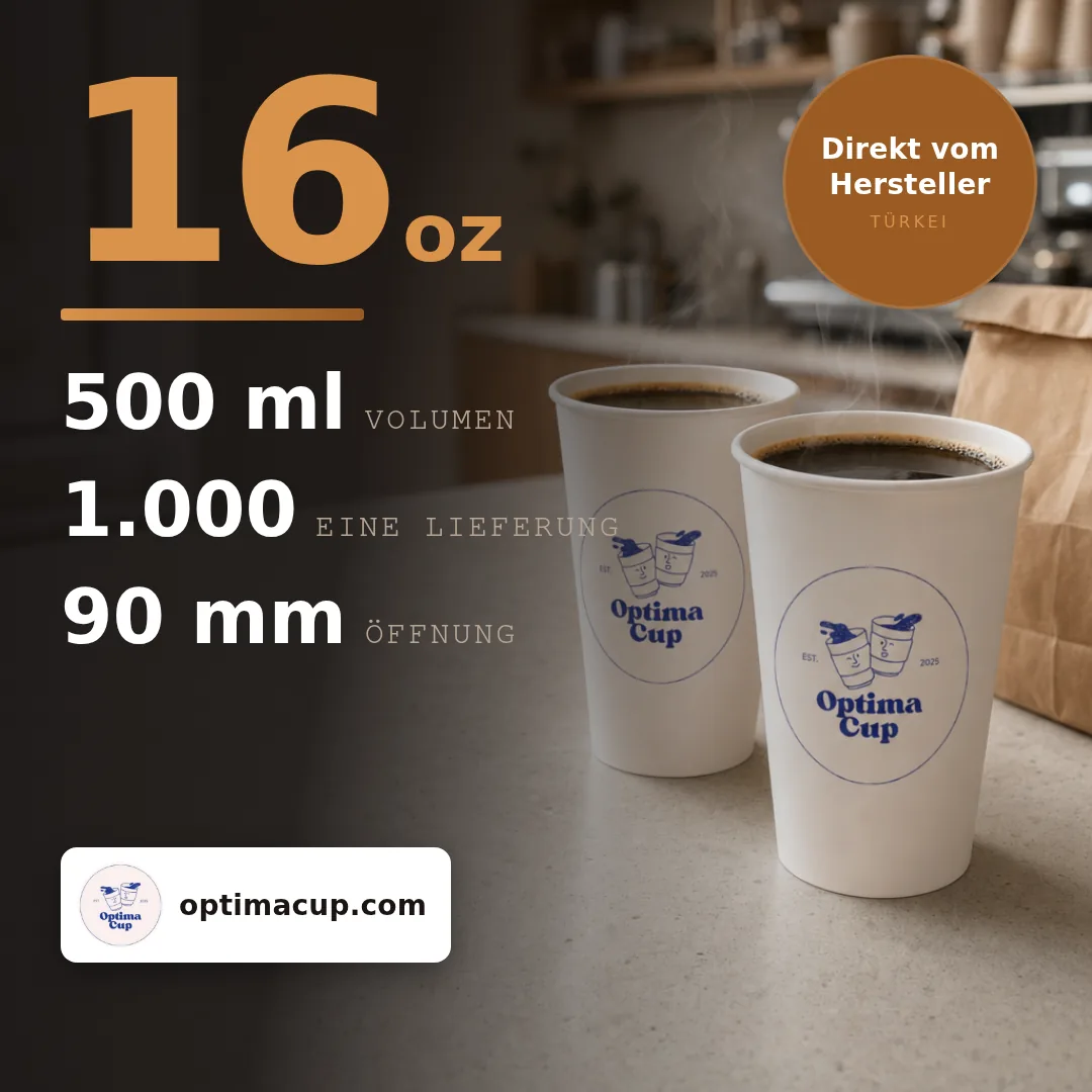 Einwandiger Pappbecher 500 ml (16 oz), Maße und Kartoninhalt — Pappbecher direkt vom Hersteller, 1.000 Stück pro Karton