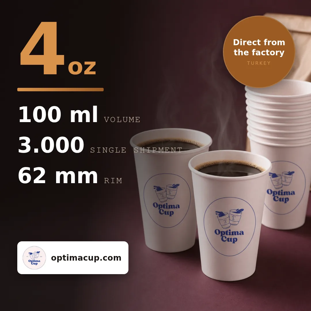 Single-wall paper cup 100 ml (4 oz), size and case data — wholesale from the paper cup manufacturer in Turkey, 2,000-3,000 pcs per case