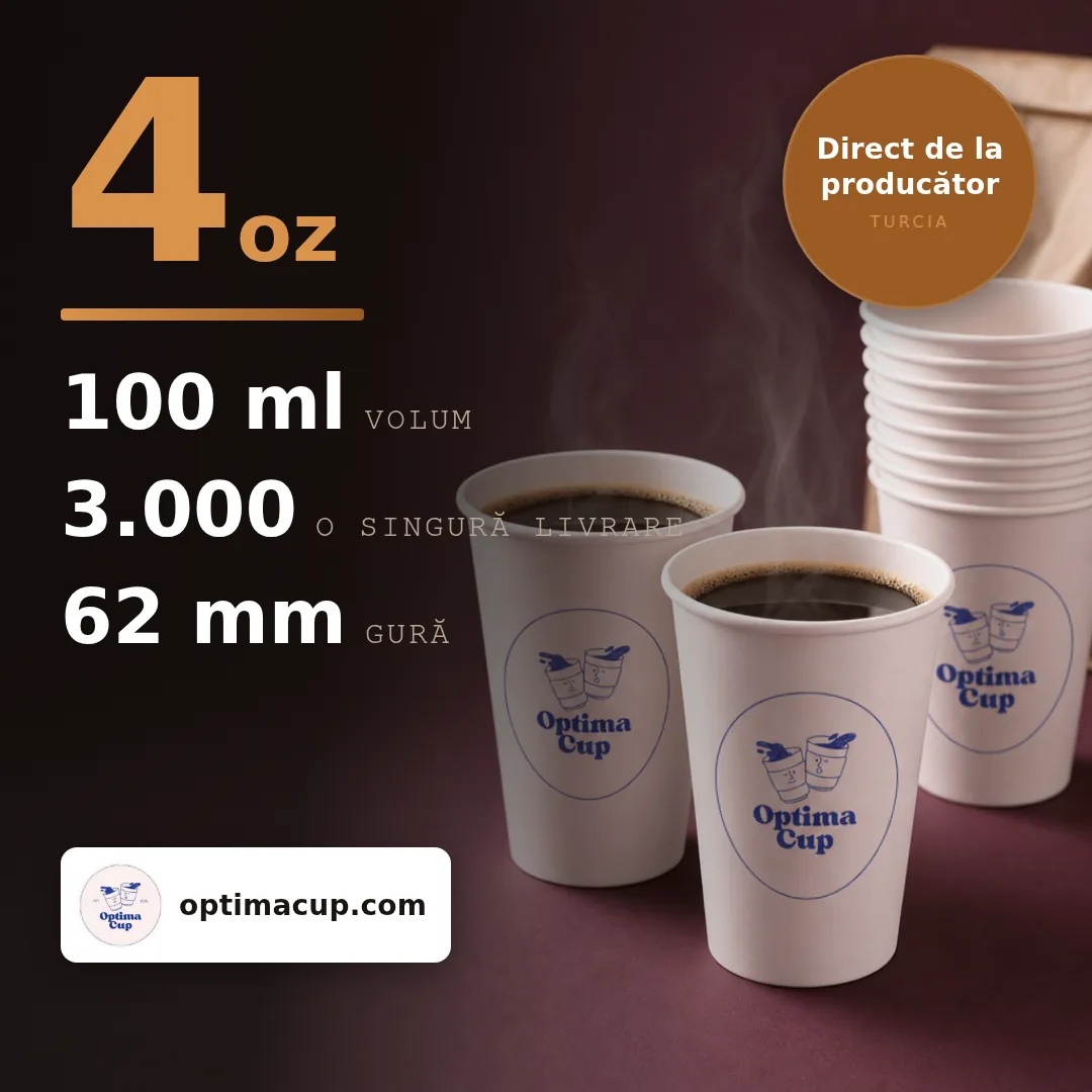 Pahar de carton cu perete simplu 100 ml (4 oz), dimensiuni și bax — pahare carton direct de la producător, 2.000-3.000 buc/bax