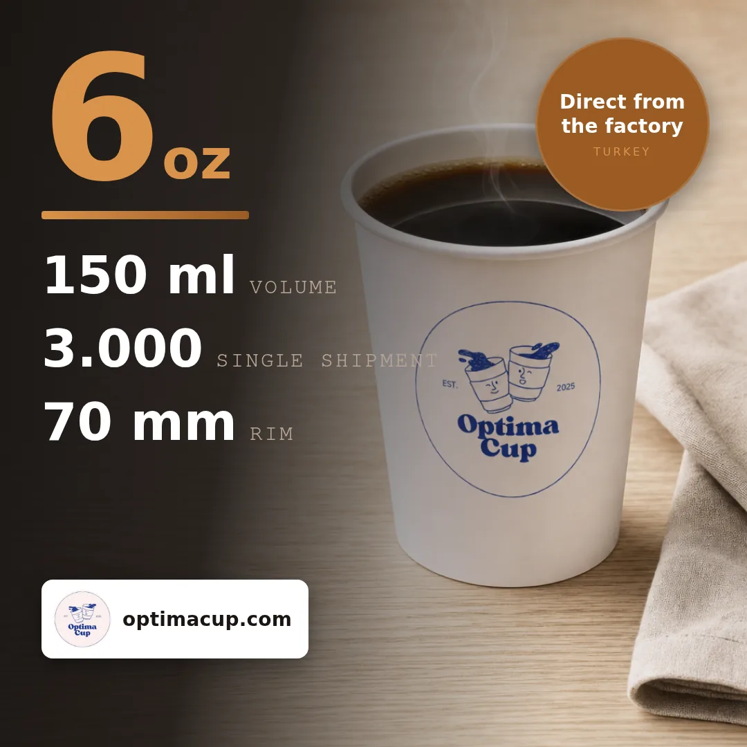 Single-wall paper cup 150 ml (6 oz), size and case data — wholesale from the paper cup manufacturer in Turkey, 3,000 pcs per case