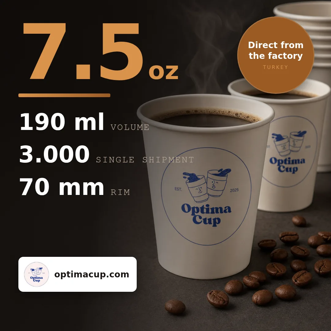 Single-wall paper cup 190 ml (7.5 oz), size and case data — wholesale from the paper cup manufacturer in Turkey, 3,000 pcs per case