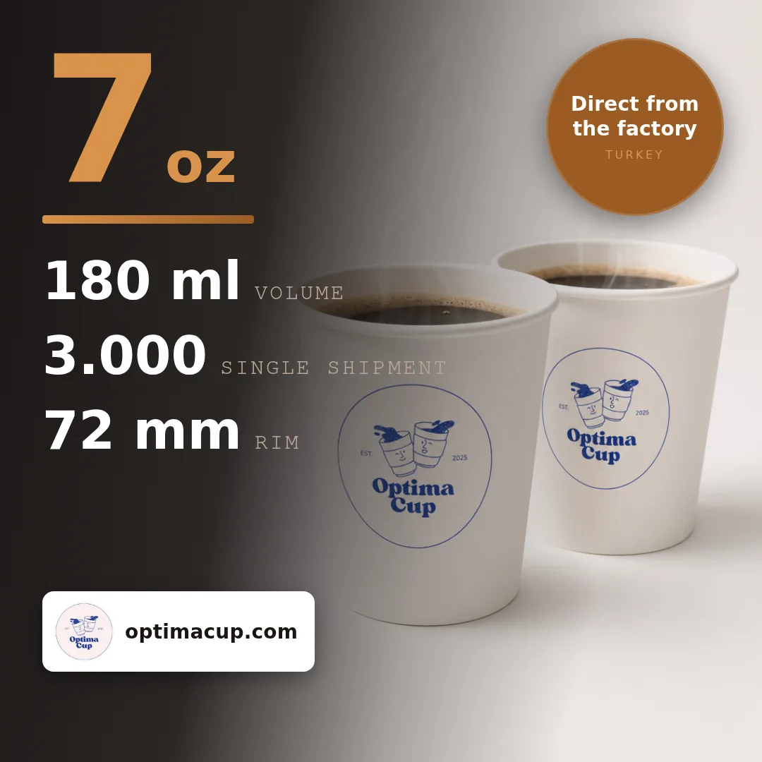 Single-wall paper cup 180 ml (7 oz), size and case data — wholesale from the paper cup manufacturer in Turkey, 3,000 pcs per case