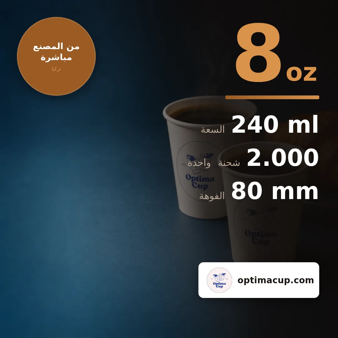 كوب ورقي أحادي الجدار 240 مل (8 oz), المقاسات وعدد الكرتونة — أكواب ورقية بالجملة من المصنع, ‎1.000-2.000‎ كوب في الكرتونة