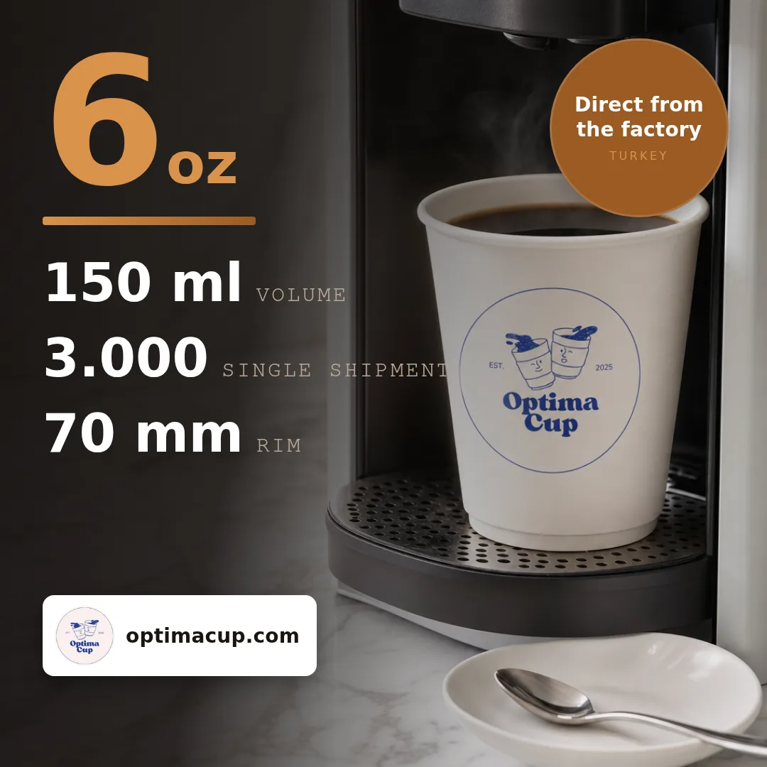 Vending paper cup 150 ml (6 oz), size and case data — wholesale from the paper cup manufacturer in Turkey, 3,000 pcs per case