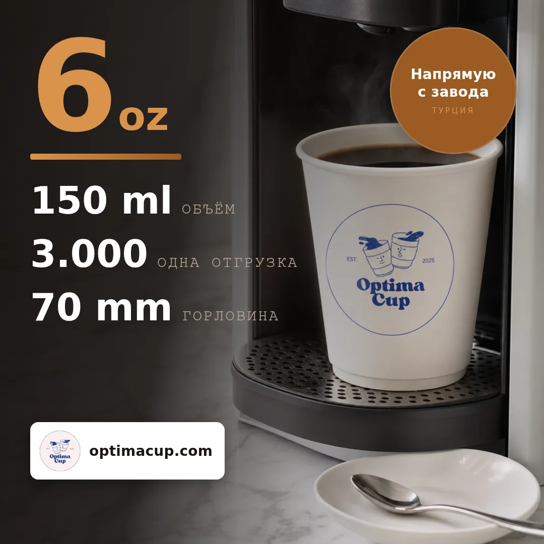 Вендинговый бумажный стакан 150 мл (6 oz), размеры и количество в коробке — бумажные стаканы оптом от производителя, 3 000 шт в коробке