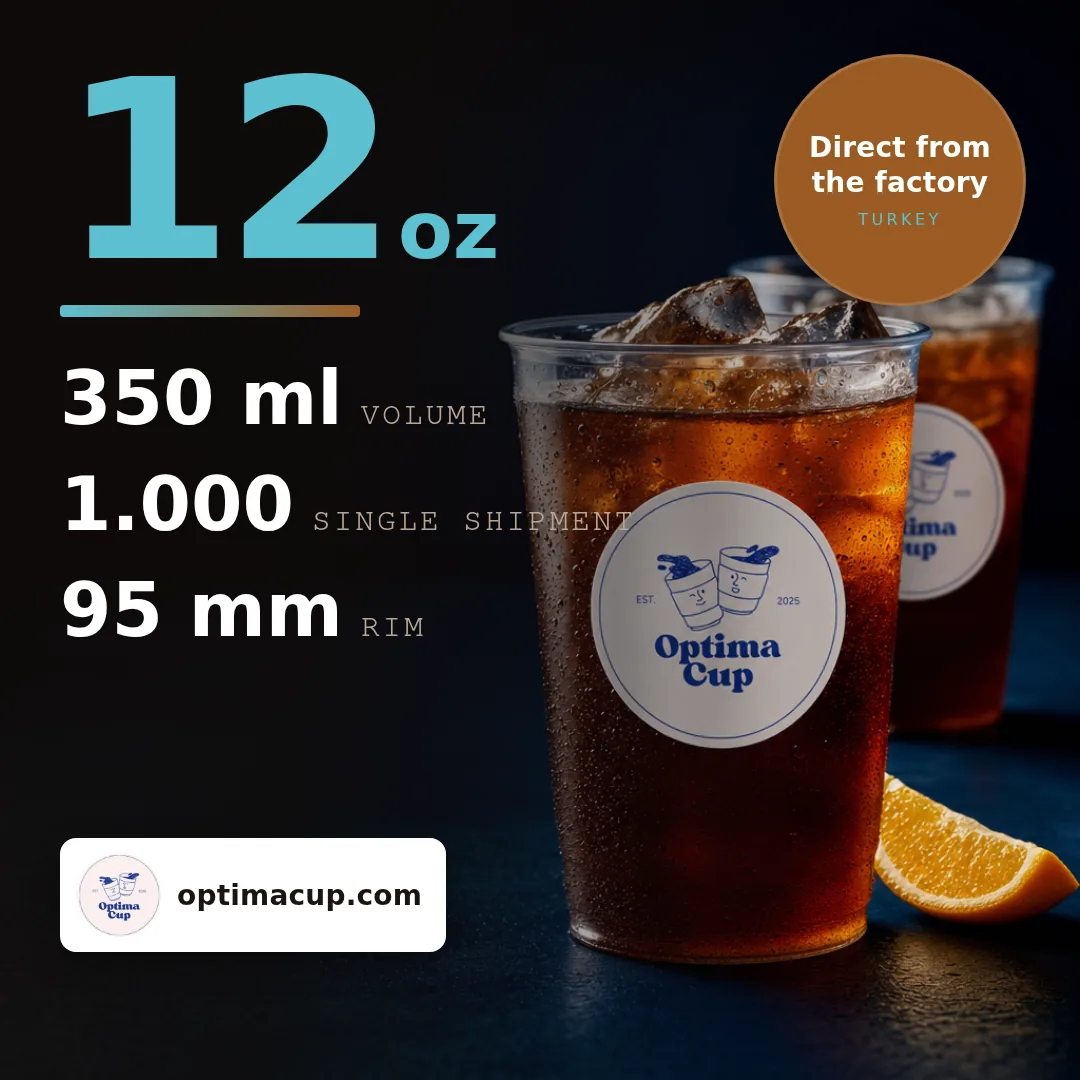 Dome lid PET cold cup 350 ml, size and case data — wholesale PET cups, supplied item shipped from Turkey, 1,000 pcs per case