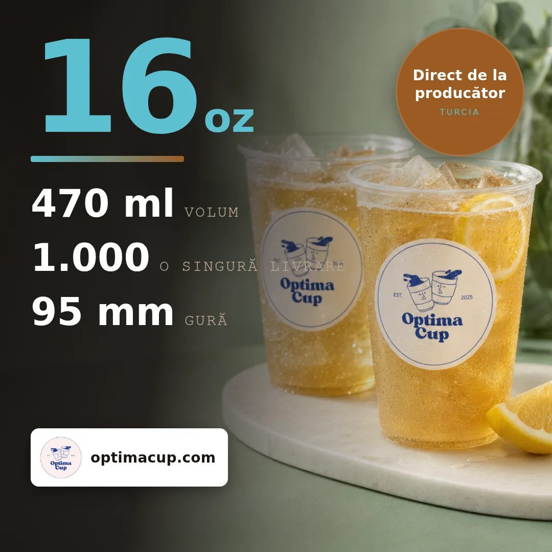 Pahar PET cu capac domo 470 ml, dimensiuni și bax — pahare PET, produs furnizat, 1.000 buc/bax