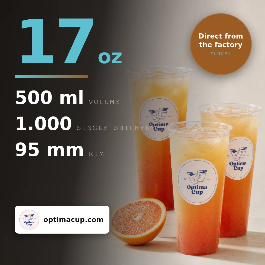 Dome lid PET cold cup 500 ml, size and case data — wholesale PET cups, supplied item shipped from Turkey, 1,000 pcs per case
