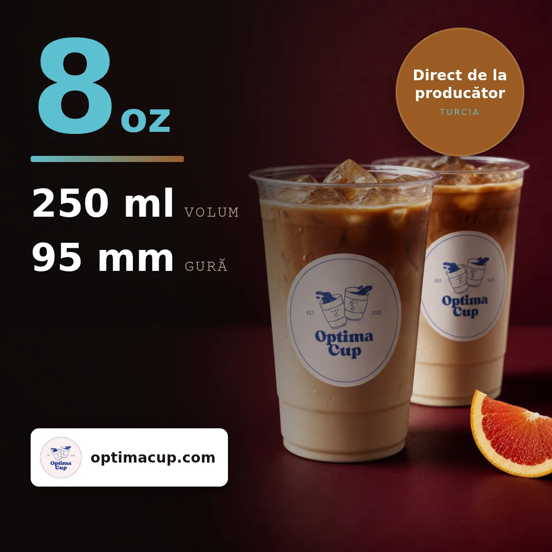Pahar PET 250 ml (8 oz), dimensiuni și bax — pahare PET, produs furnizat