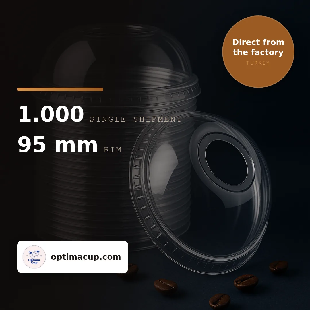 PET dome lid 95 mm — straw hole, size and case data — wholesale cup lids direct from the manufacturer in Turkey, 1,000 pcs per case