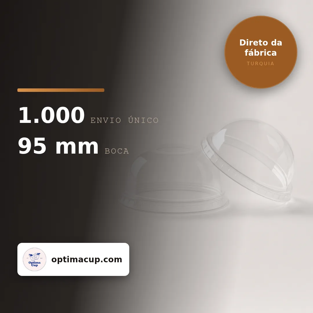 Tampa domo PET 95 mm — sem furo, medidas e unidades por caixa — tampas para copos direto da fábrica, 1.000 un por caixa
