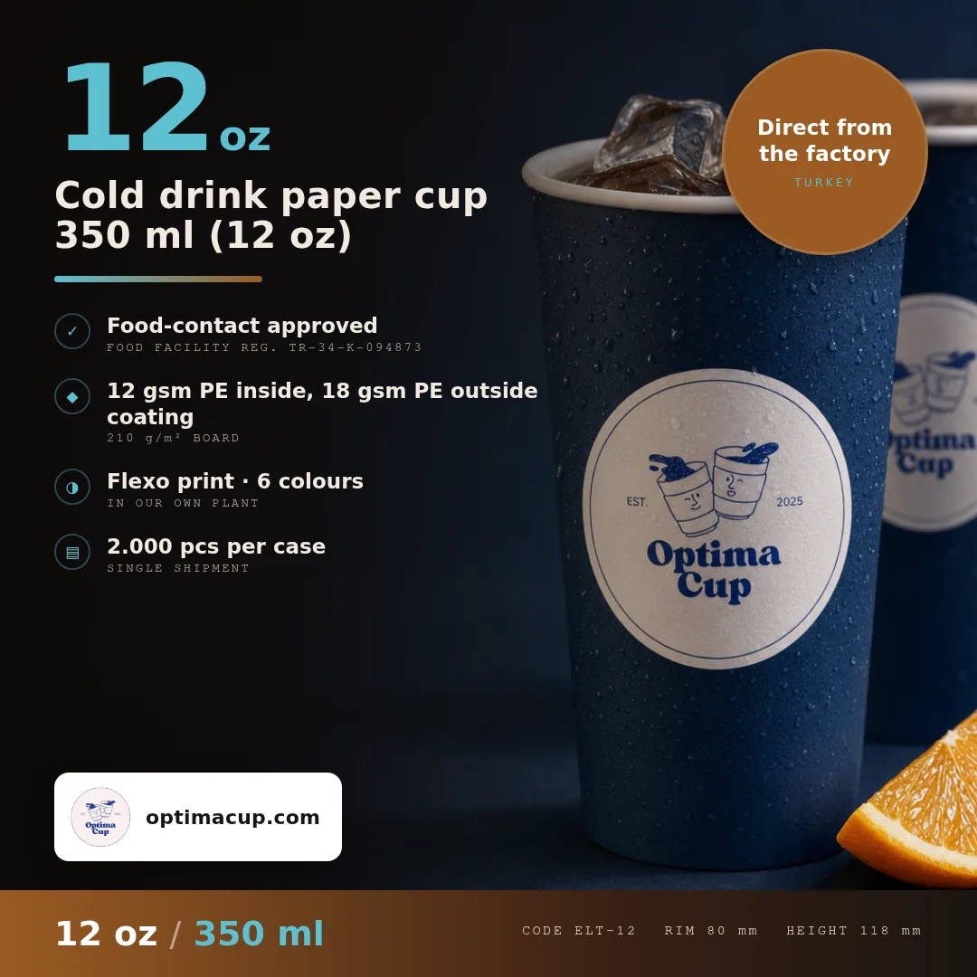 Cold drink paper cup 350 ml (12 oz), size and case data — wholesale from the paper cup manufacturer in Turkey, 2,000 pcs per case