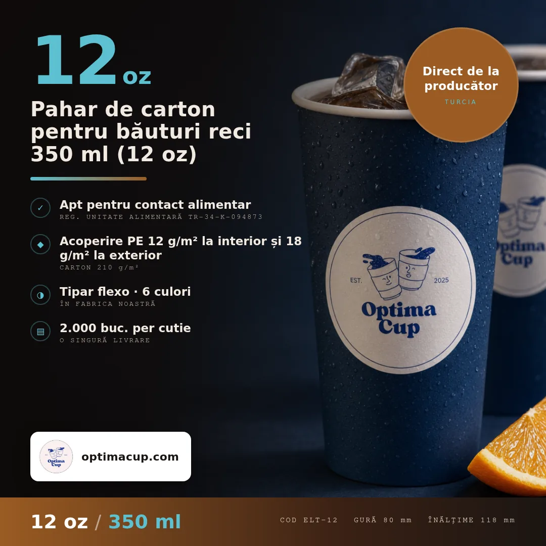 Pahar de carton pentru băuturi reci 350 ml (12 oz), dimensiuni și bax — pahare carton direct de la producător, 2.000 buc/bax