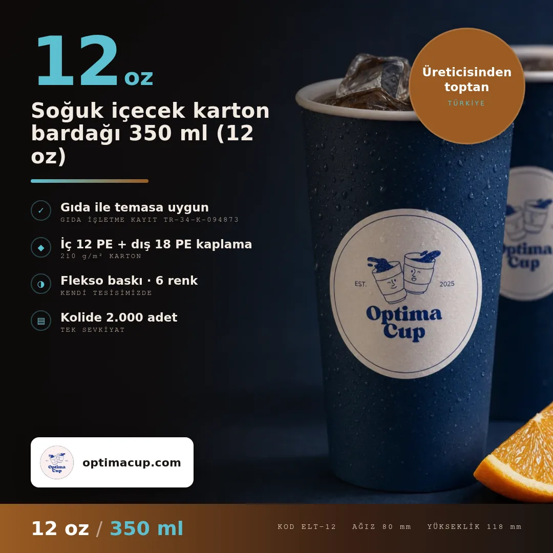 Soğuk içecek karton bardağı 350 ml (12 oz), ölçü ve koli bilgisi — karton bardak üreticisinden toptan, kolide 2.000 adet