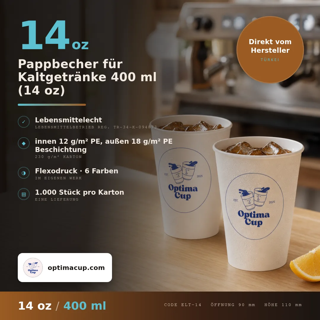 Pappbecher für Kaltgetränke 400 ml (14 oz), Maße und Kartoninhalt — Pappbecher direkt vom Hersteller, 1.000 Stück pro Karton