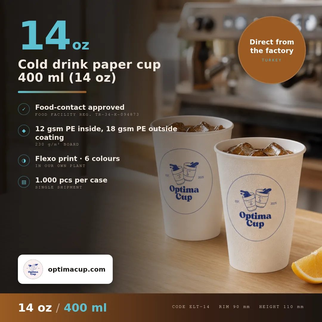 Cold drink paper cup 400 ml (14 oz), size and case data — wholesale from the paper cup manufacturer in Turkey, 1,000 pcs per case