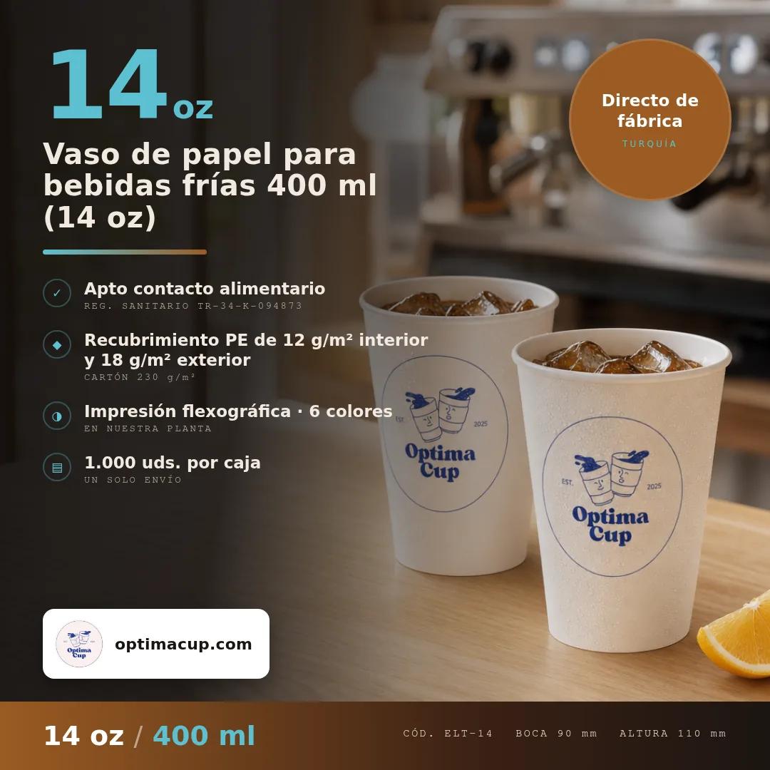 Vaso de papel para bebidas frías 400 ml (14 oz), medidas y unidades por caja — vasos de papel al por mayor de fábrica, 1.000 uds por caja