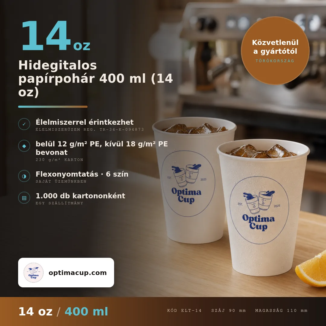 Hidegitalos papírpohár 400 ml (14 oz), méretek és kartontartalom — papírpohár közvetlenül a gyártótól, 1 000 db kartononként