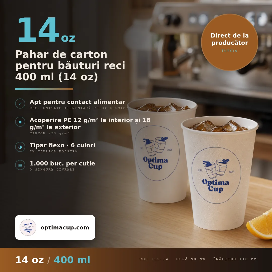 Pahar de carton pentru băuturi reci 400 ml (14 oz), dimensiuni și bax — pahare carton direct de la producător, 1.000 buc/bax