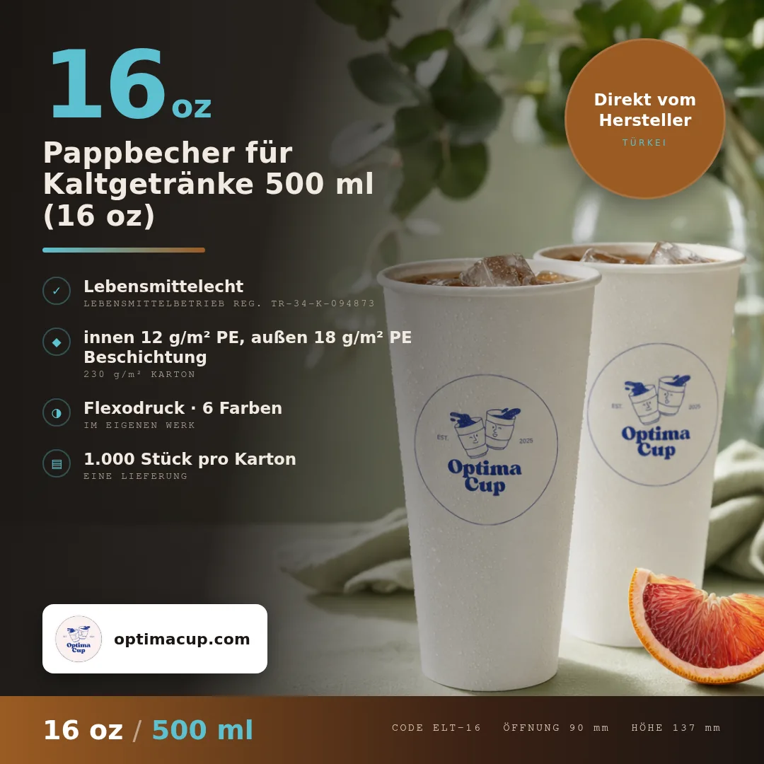 Pappbecher für Kaltgetränke 500 ml (16 oz), Maße und Kartoninhalt — Pappbecher direkt vom Hersteller, 1.000 Stück pro Karton