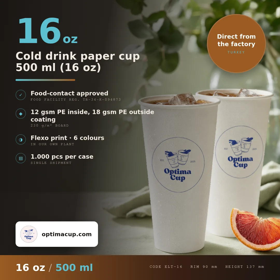 Cold drink paper cup 500 ml (16 oz), size and case data — wholesale from the paper cup manufacturer in Turkey, 1,000 pcs per case