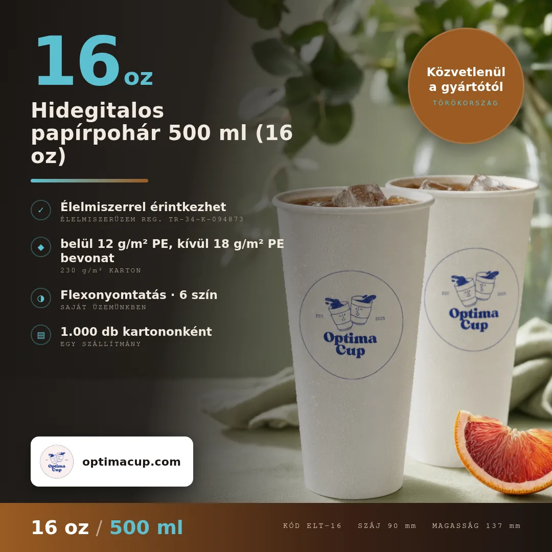 Hidegitalos papírpohár 500 ml (16 oz), méretek és kartontartalom — papírpohár közvetlenül a gyártótól, 1 000 db kartononként