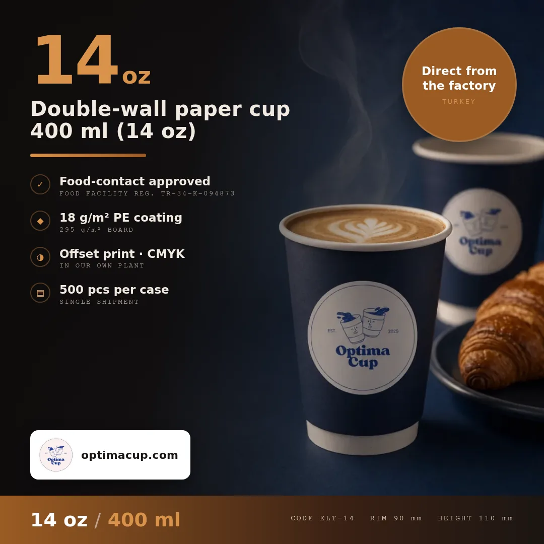 Double-wall paper cup 400 ml (14 oz), size and case data — wholesale from the paper cup manufacturer in Turkey, 500 pcs per case