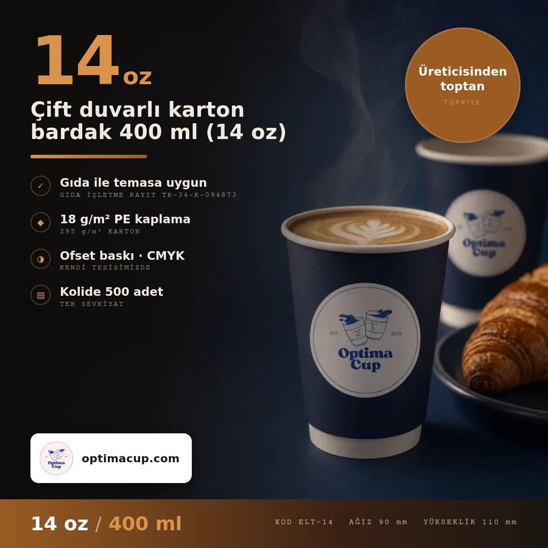 Çift duvarlı karton bardak 400 ml (14 oz), ölçü ve koli bilgisi — karton bardak üreticisinden toptan, kolide 500 adet