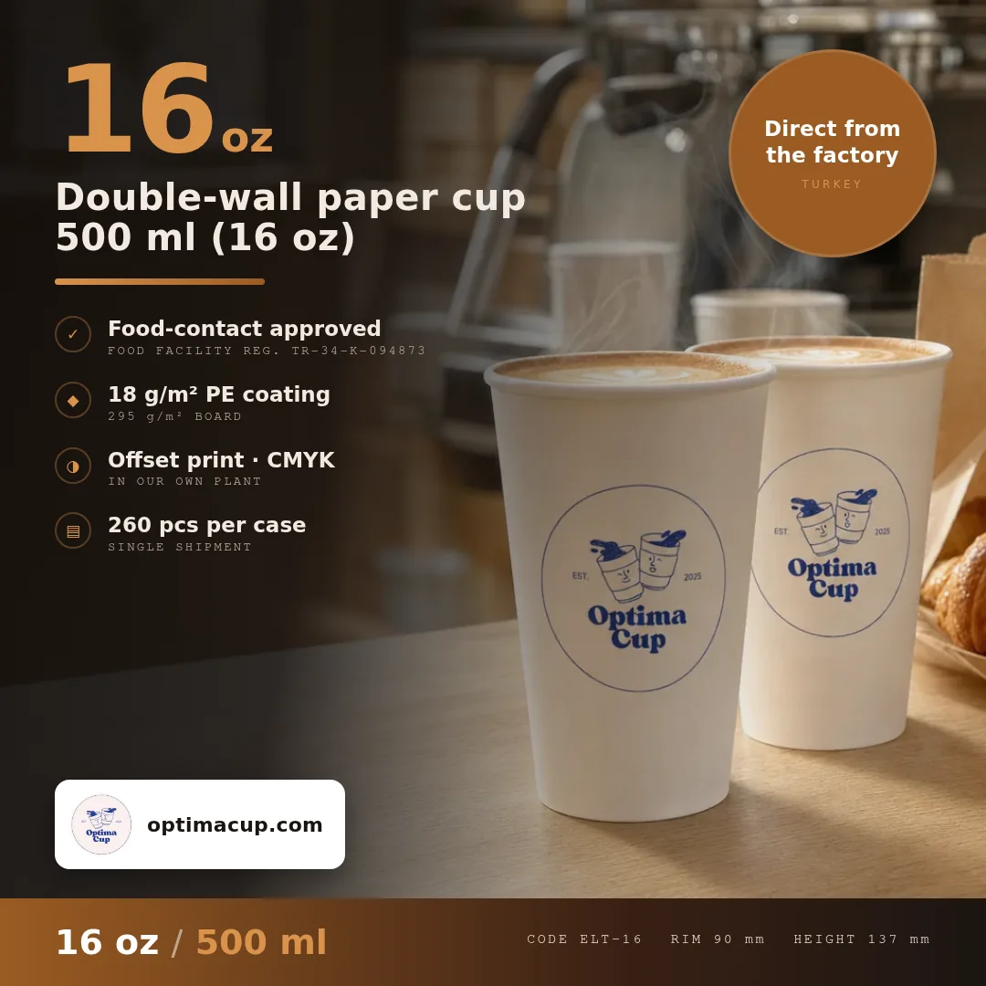 Double-wall paper cup 500 ml (16 oz), size and case data — wholesale from the paper cup manufacturer in Turkey, 260 pcs per case