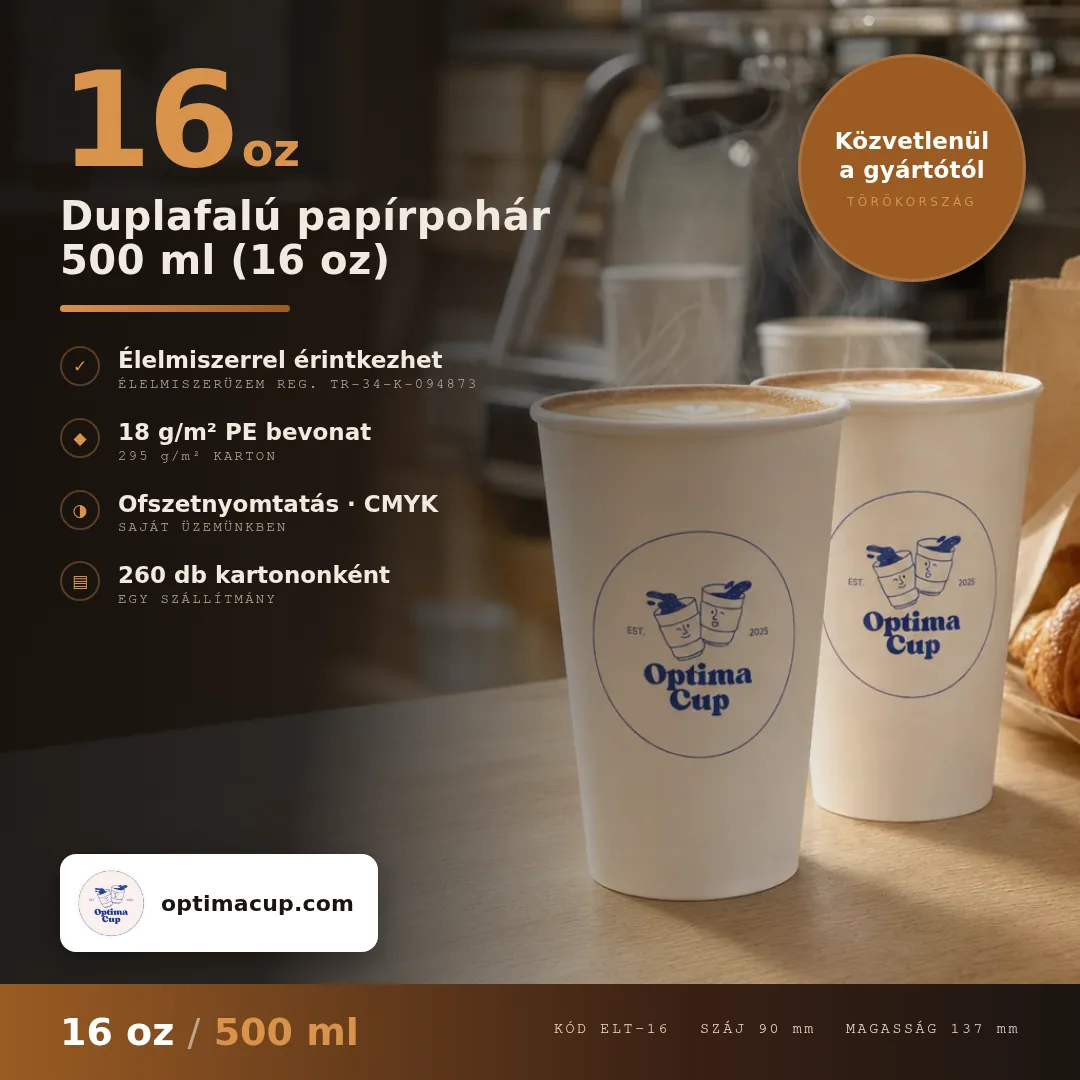 Duplafalú papírpohár 500 ml (16 oz), méretek és kartontartalom — papírpohár közvetlenül a gyártótól, 260 db kartononként
