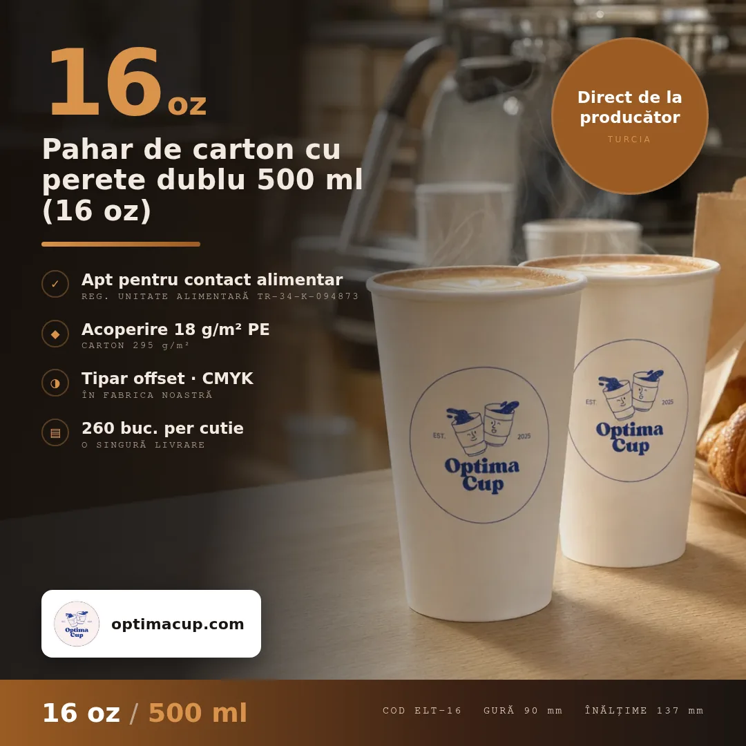 Pahar de carton cu perete dublu 500 ml (16 oz), dimensiuni și bax — pahare carton direct de la producător, 260 buc/bax