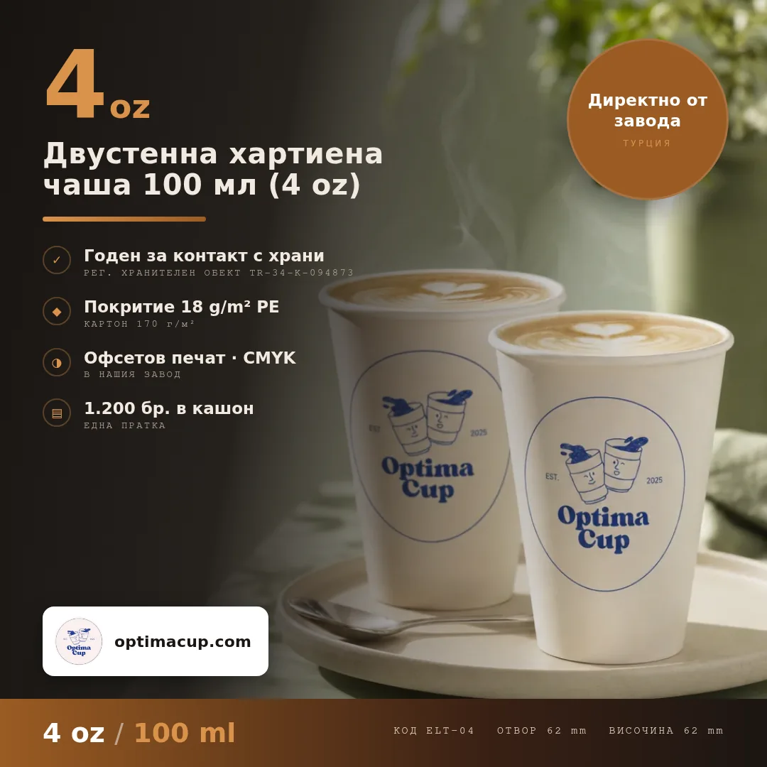 Двустенна хартиена чаша 100 мл (4 oz), размери и кашон — картонени чаши от производител, 1 200 бр в кашон