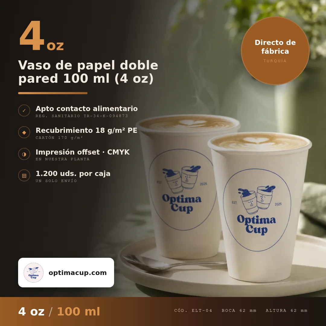 Vaso de papel doble pared 100 ml (4 oz), medidas y unidades por caja — vasos de papel al por mayor de fábrica, 1.200 uds por caja