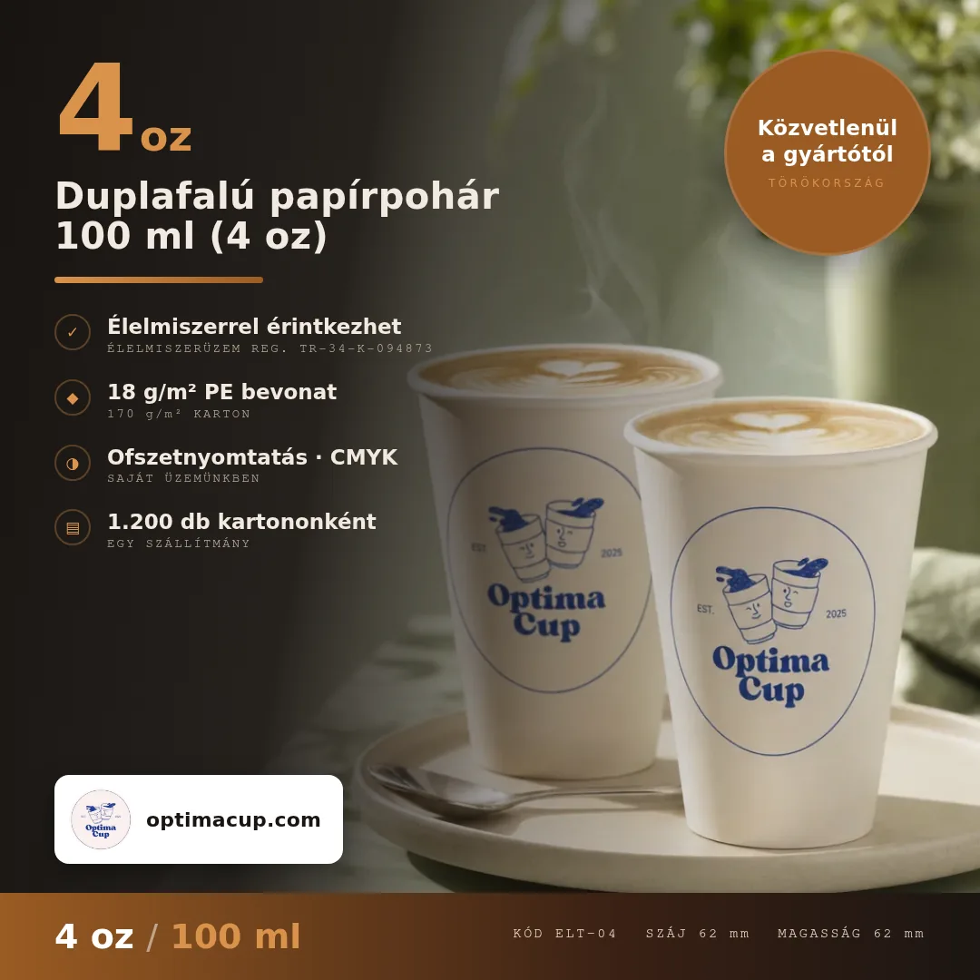Duplafalú papírpohár 100 ml (4 oz), méretek és kartontartalom — papírpohár közvetlenül a gyártótól, 1 200 db kartononként